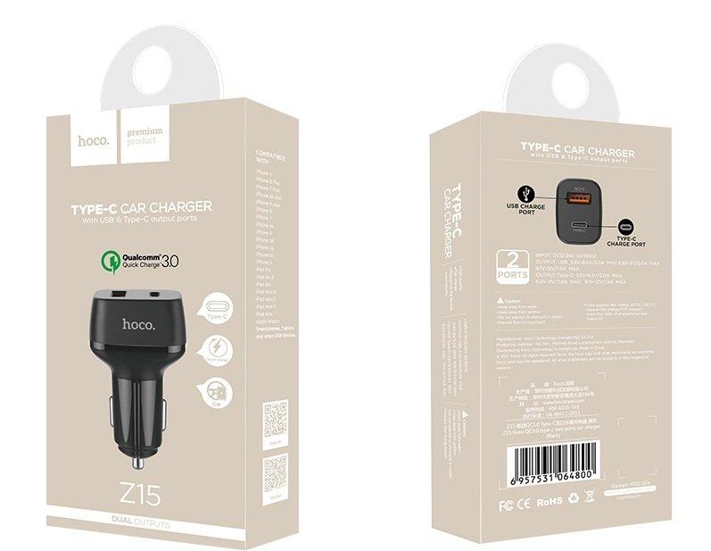 Переходник Z15 АЗУ на USB 5A и Type-c Kuso QC HOCO