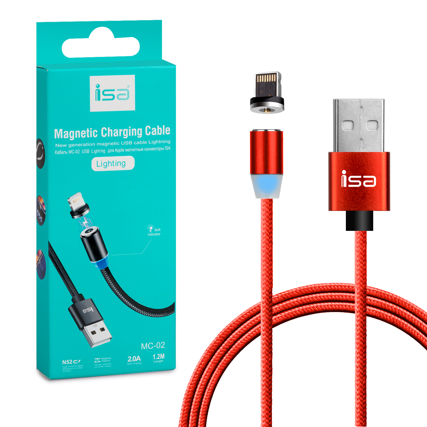 *Кабель MС-02 USB на Lightning 1.2m 2A магнитный ISA красный