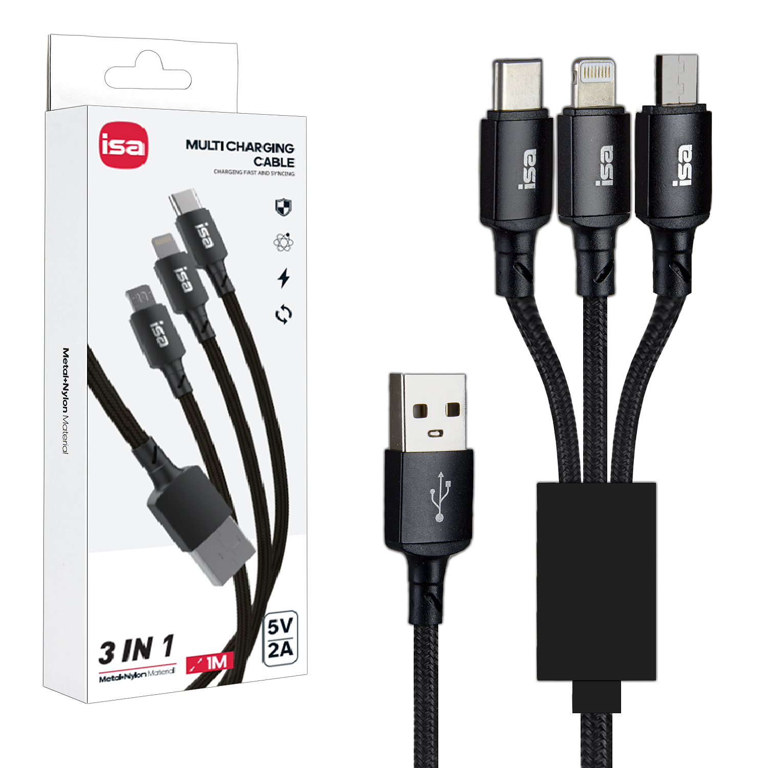 Кабель USB 3 в 1 Lightning + Micro USB + Type-C 1m 5V 2A BX-31  ISA черный