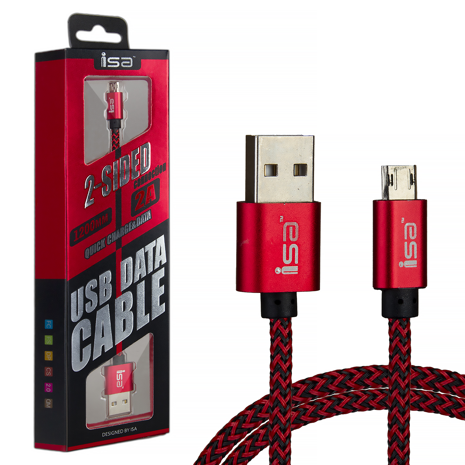 Кабель USB Micro USB 1.2m 2A двусторонние коннекторы алюминий/текстиль ISA красный