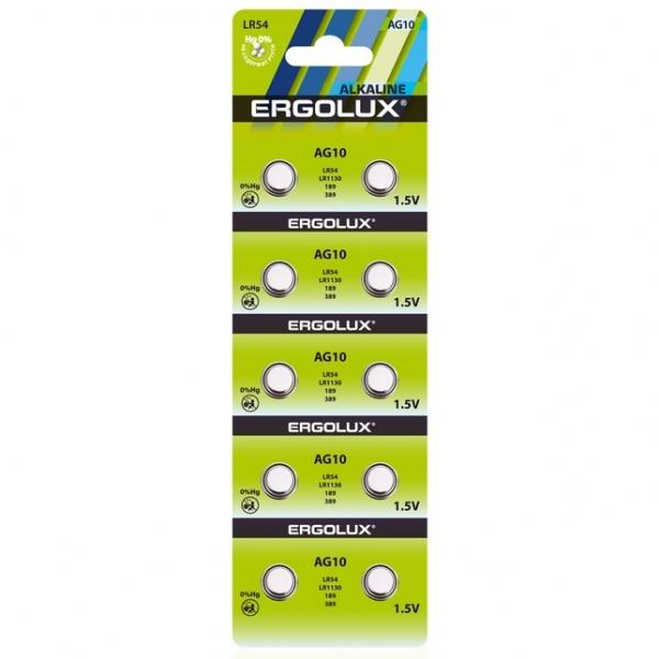 Батарейка Ergolux G10/LR1130/LR54/389A/189 BL10 Alkaline 1.5V (10/100/2000)