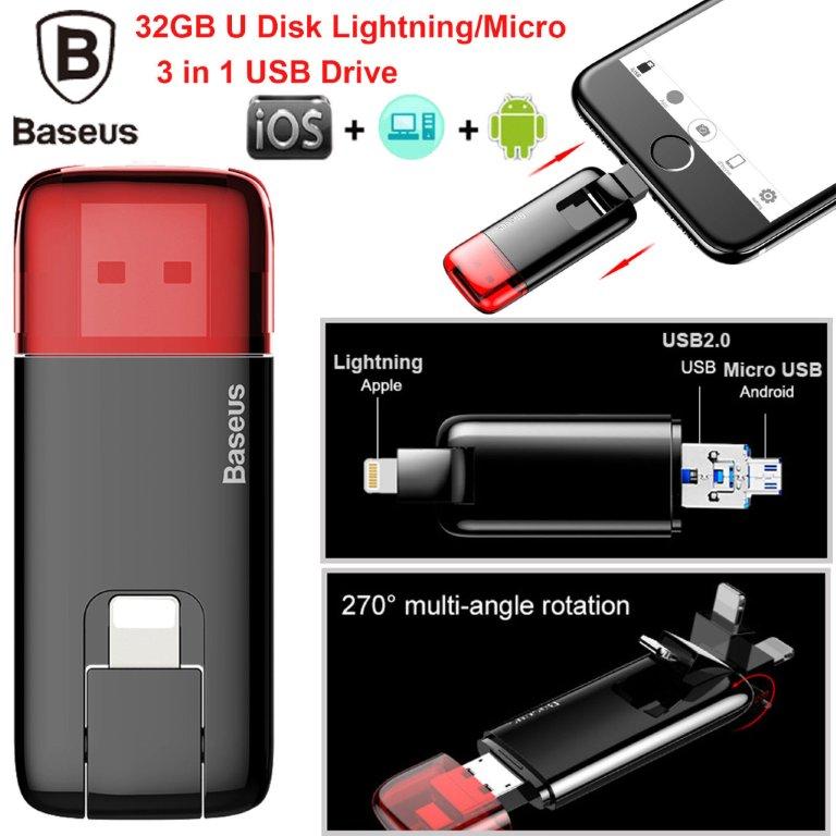 USB Флэш 32 Gb + переходник Micro + Lightning Baseus