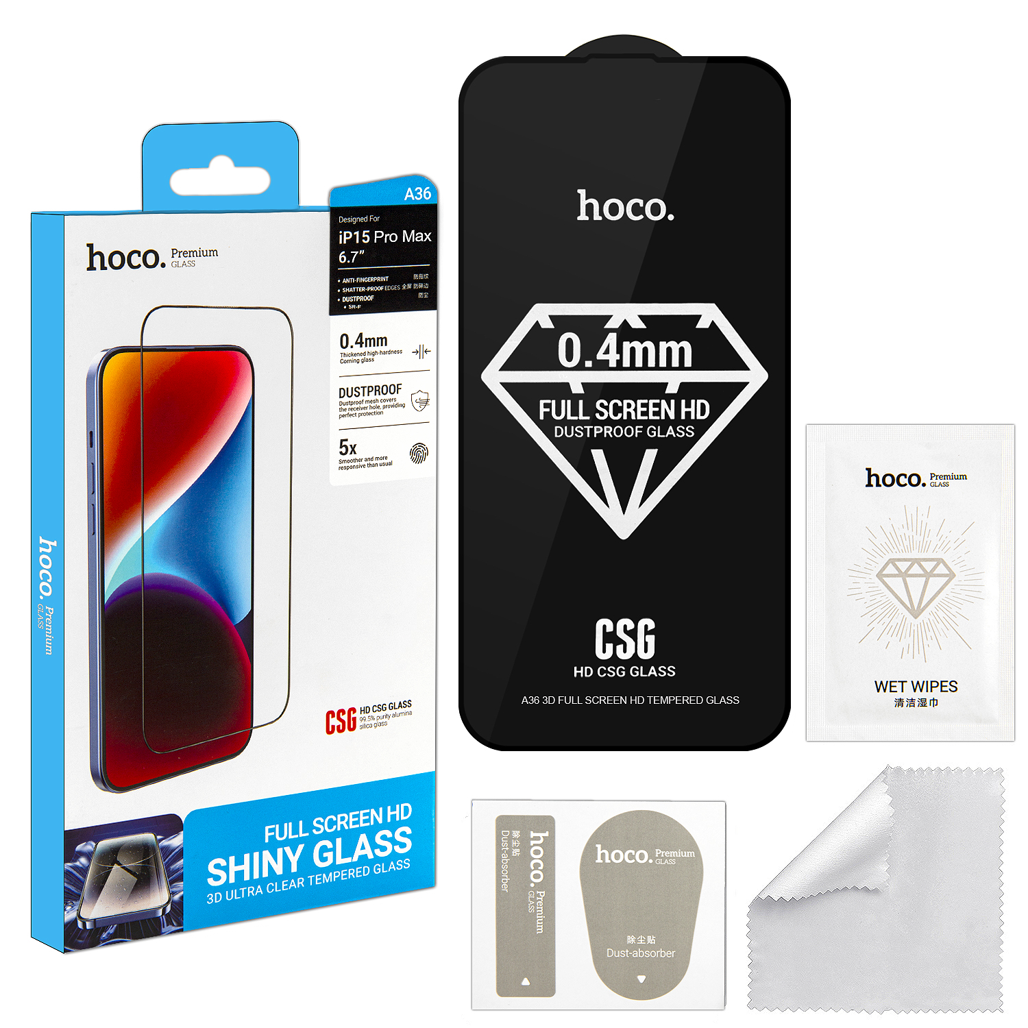 Защитное стекло iPh 15 Pro Max 3D Full Screen HD A36 HOCO черное