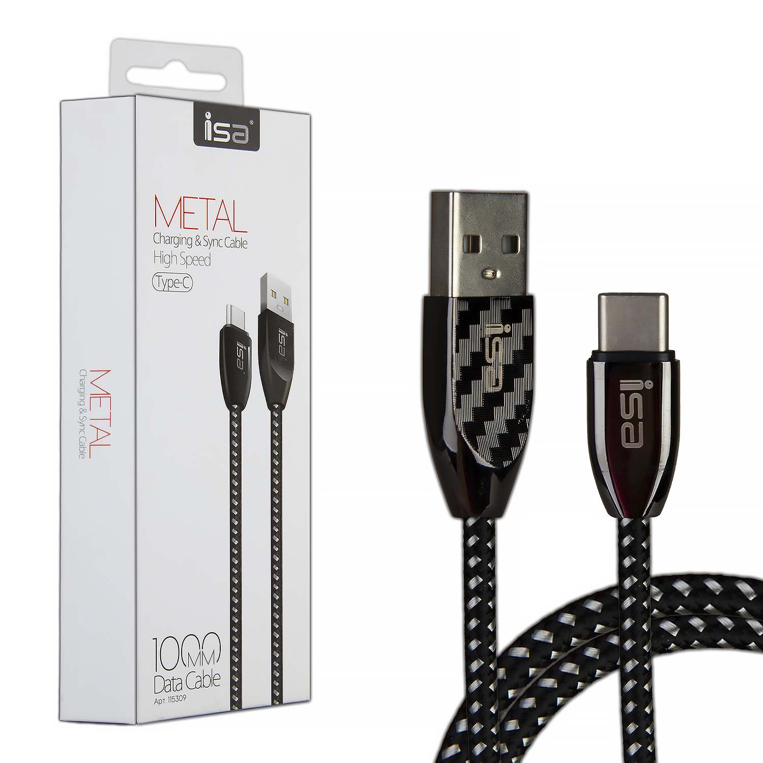 *Кабель USB Type-C 1m 2.1A Nylon+Metal ISA плетёный черный