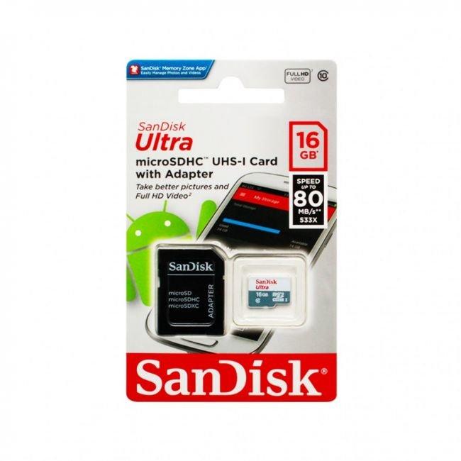 Micro SD 16GB SanDisk Class 10 Ultra (80 Mb/s) с адаптером