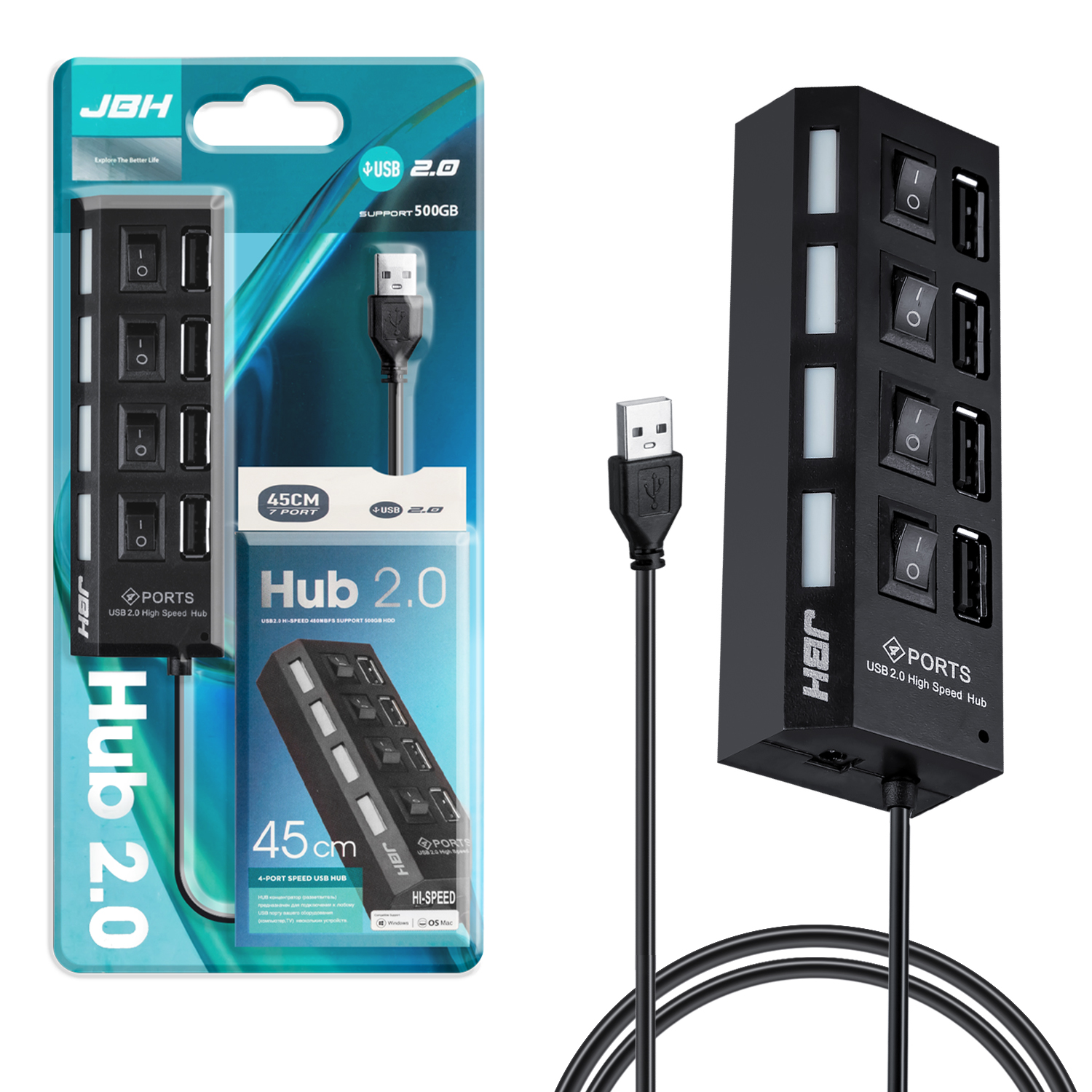 HUB USB на 4 USB 1.1 с выключателем H-05 JBH (300шт/кор)