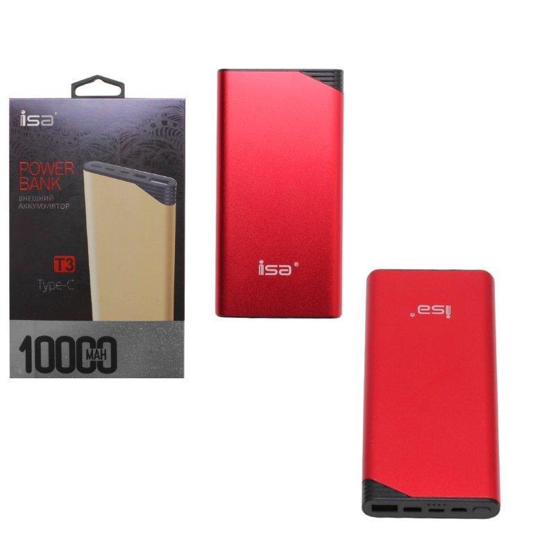 Внешний аккумулятор 10000 mAh T3 2.1A (выход IPh, Type-C, Micro) ISA красный