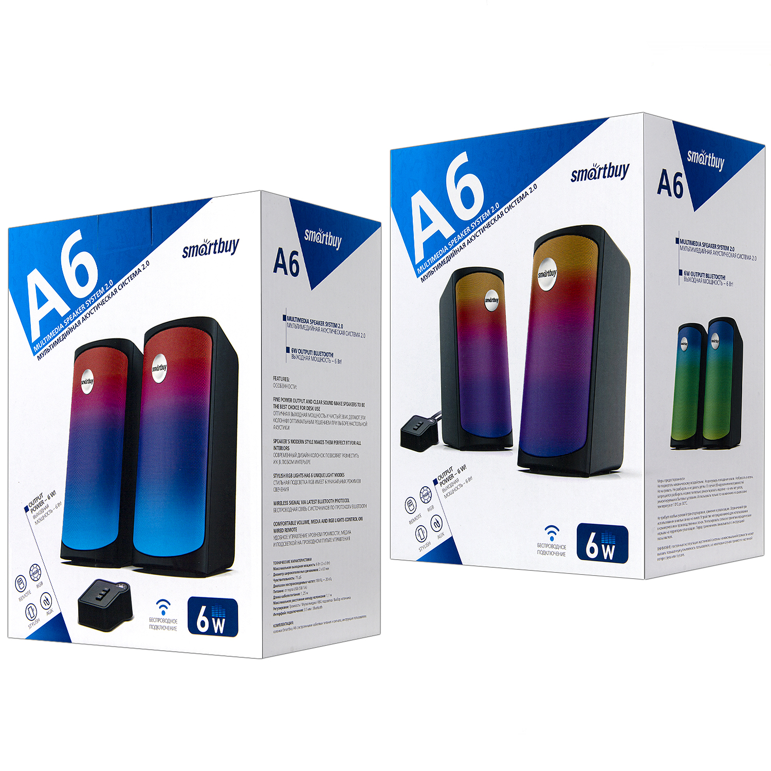 Акустическая система 2.0 Smartbuy A6, 6Вт, Bluetooth, RGB-подсветка, черная (SBA-4550)/16