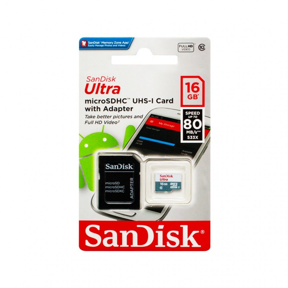 Micro SD 16GB SanDisk Class 10 Ultra (80 Mb/s) с адаптером