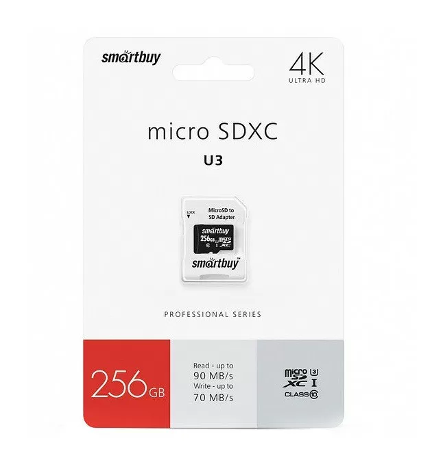 Micro SD 256GB Smart Buy class 10 PRO U3 R/W:90/70 Mb/s с адаптером