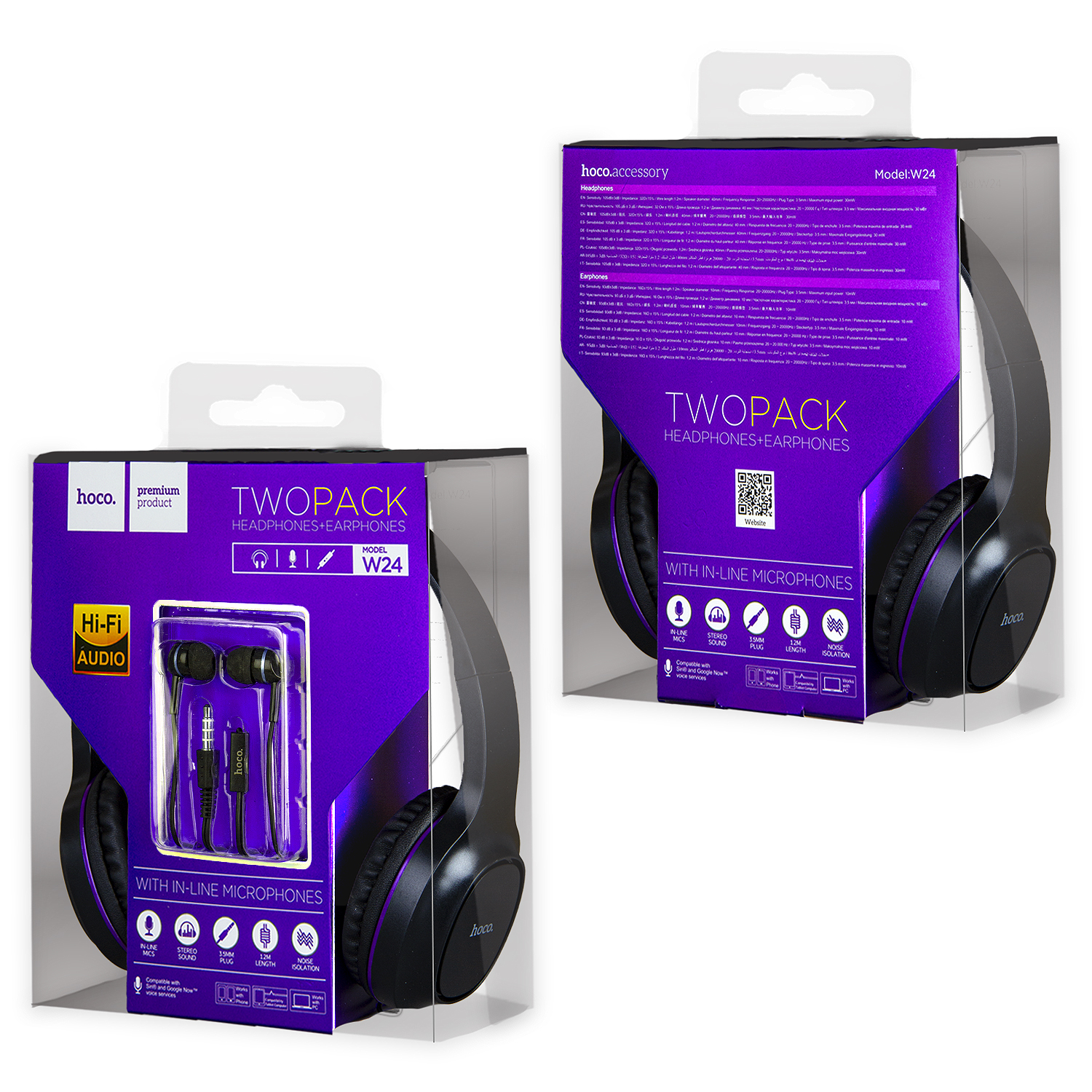 Наушники W24 Enlighten с микрофоном HOCO черно-фиолетовые