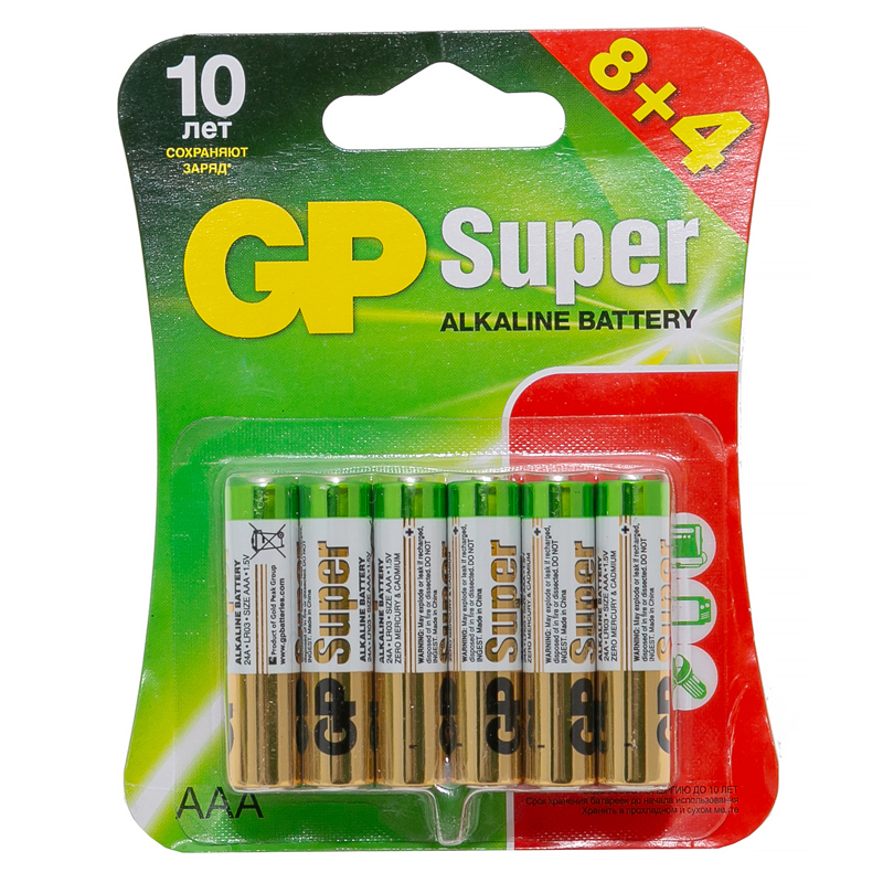 Батарейка щелочная GP LR03 (AAA) Super Alkaline "8+4" 1.5В бл/12 (24A8/4-2CR12)