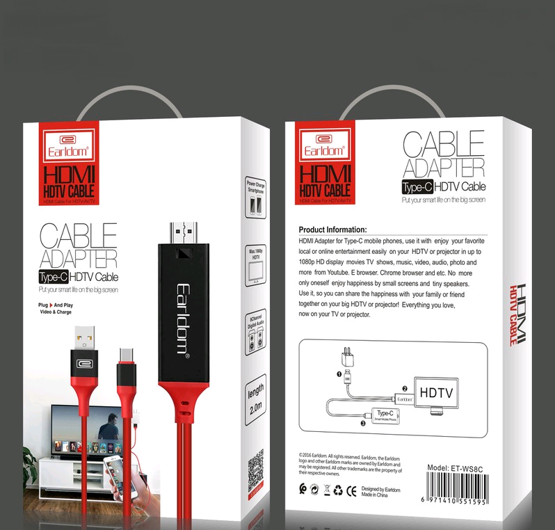 Кабель HDMI Type-C EarlDom ET-WS8C красный с черным