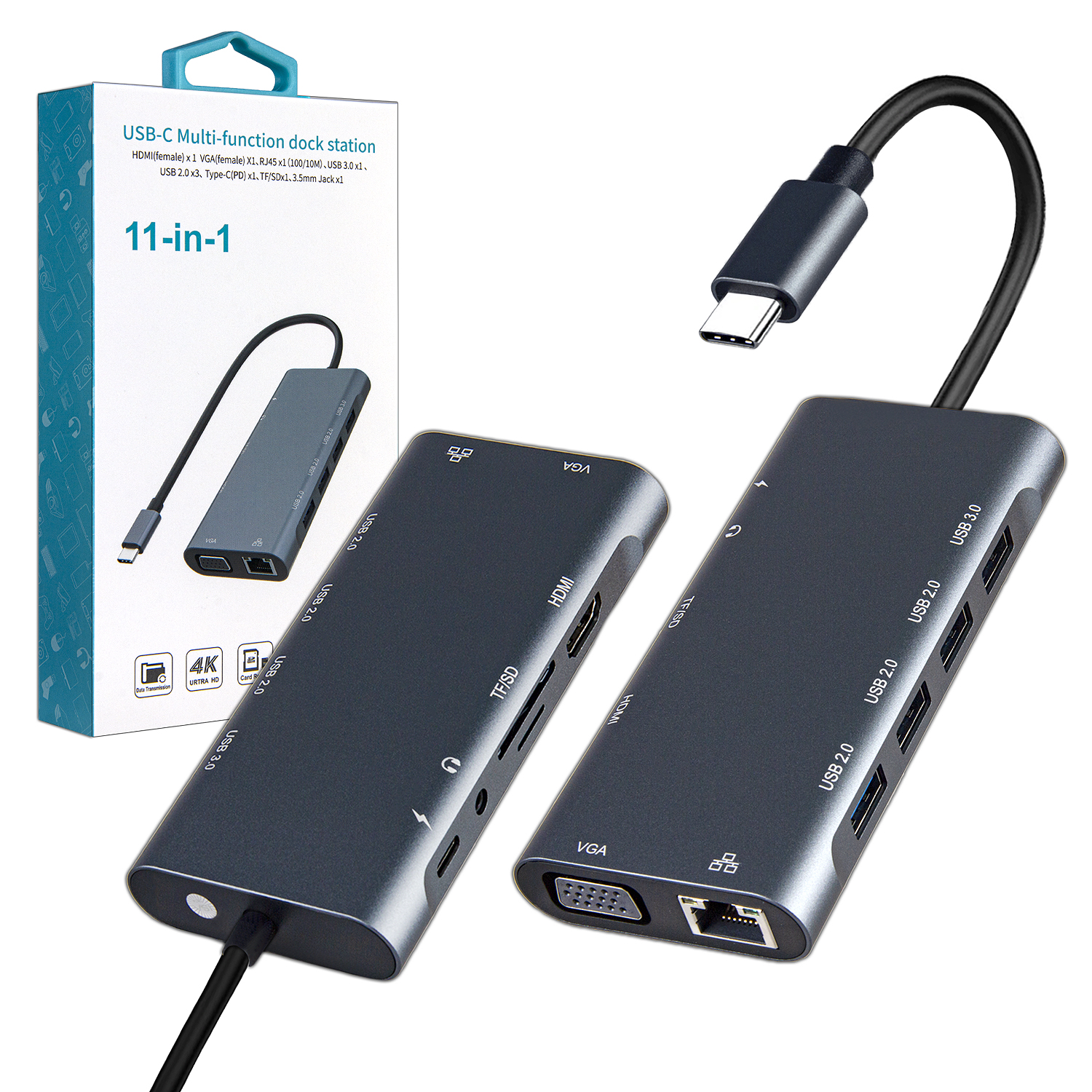 HUB Type-C 11in1(  4USB + SD + Micro SD + HDMI +Enternet RJ45 +Jack 3.5mm+VGA+USB-C PD)Model:OT9591A