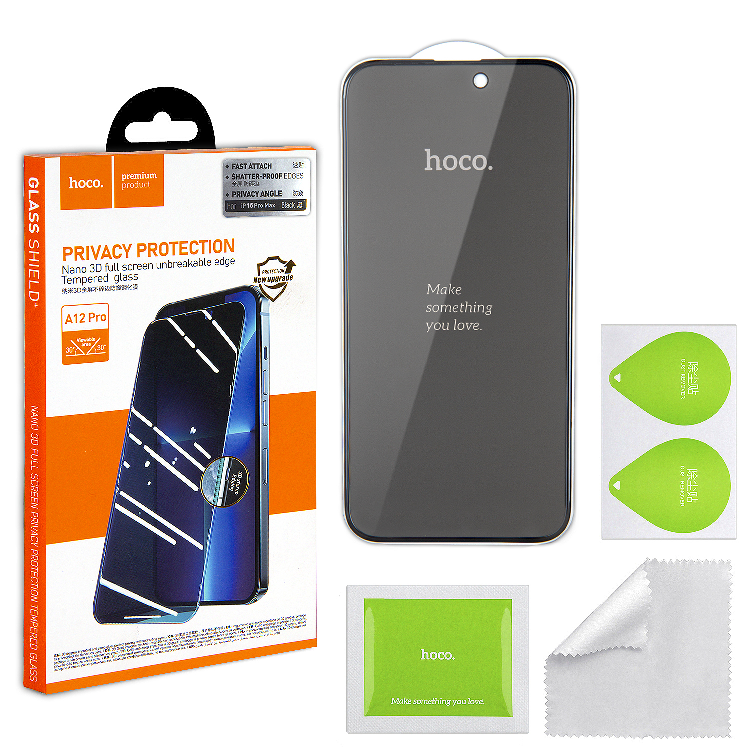 Защитное стекло iPh 15 Pro Max 3D black (A12 Pro) HOCO Privace усиленые края