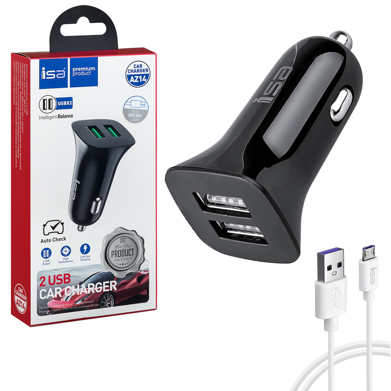 АЗУ AZ14 USB на Micro USB + 2 USB 2.4A ISA черное