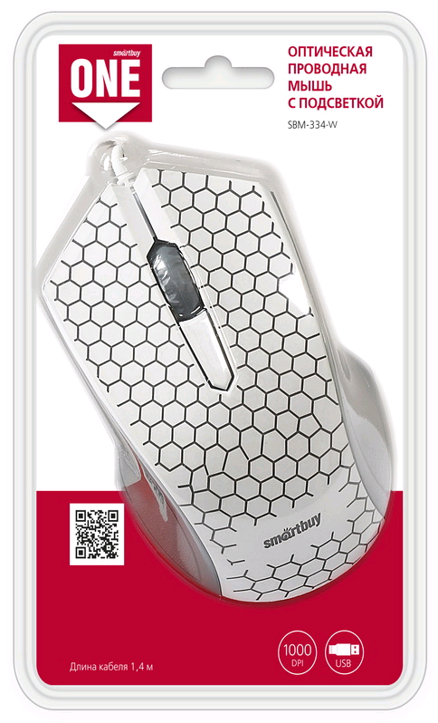 Мышь проводная с подсветкой Smartbuy ONE 334 белая (SBM-334-W) / 40