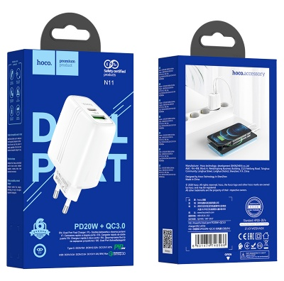 Переходник N11 СЗУ на USB+ Type-C 3A PD20W+QC3.0 HOCO белый