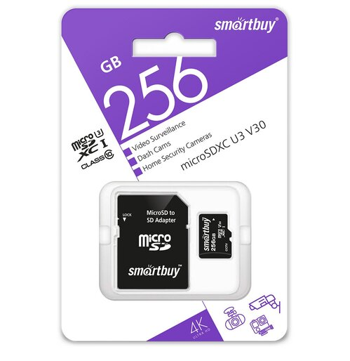 Micro SD 256GB Smart Buy class 10 PROU3 V30 для видеонаблюдения (с адаптером SD)