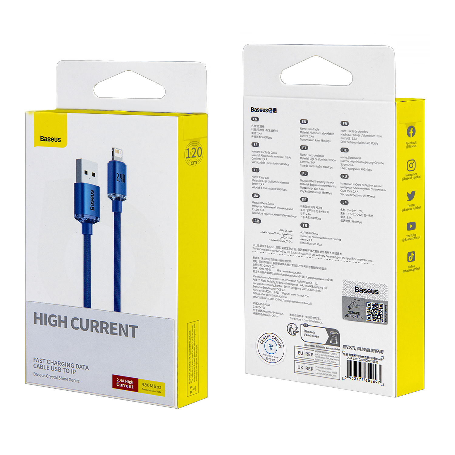 Кабель USB Lightning 1.2M 2.4A Crystal Shine Series Fast Charging Baseus синий CAJY000003
