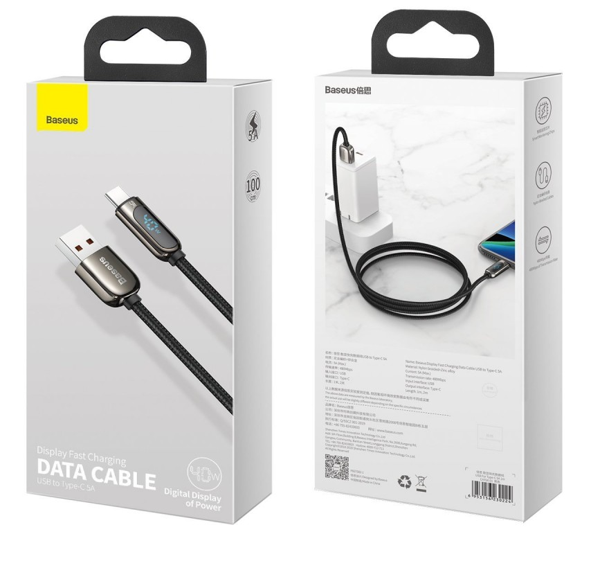 Кабель USB CATSK-01 BASEUS Display Fast Charging, USB - Type-C, 5A, 1 м, черный