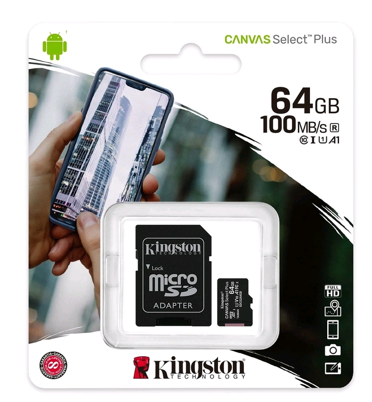 Micro SD 64GB Kingston Class 10 Canvas Select Plus A1 (100 Mb/s) с адаптером