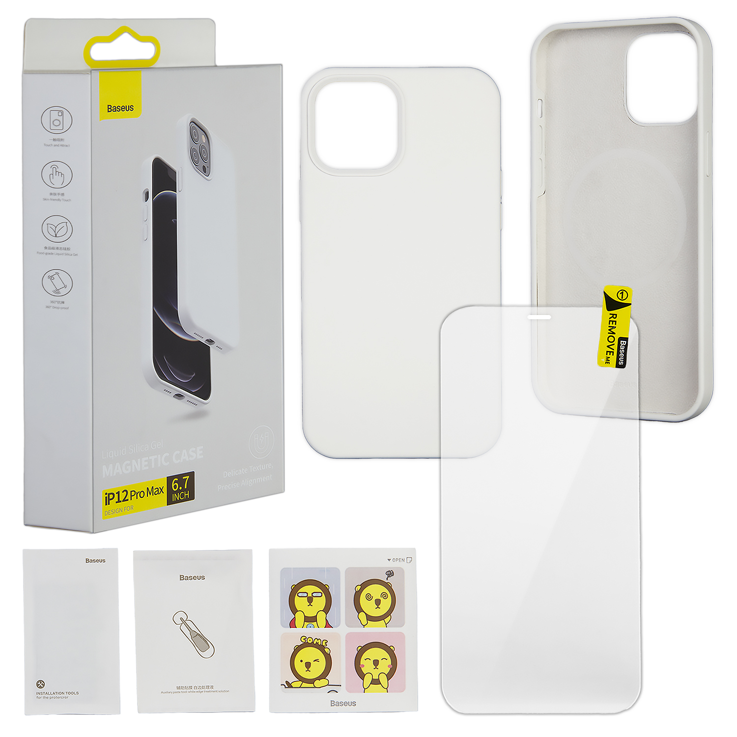Чехол IPH 12 Pro Max Baseus Magnetic Case White + Glass Clear 0.3mm