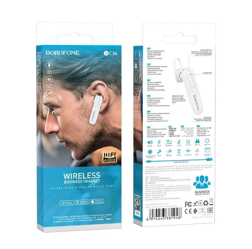 Гарнитура Bluetooth BС36 BOROFONE белая
