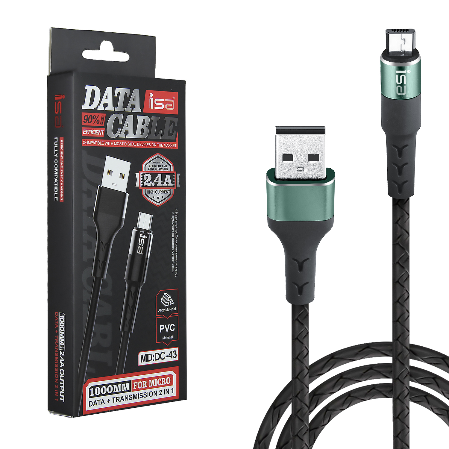 Кабель USB Micro USB 1m 2.4A DC-43 ISA черный с зеленым