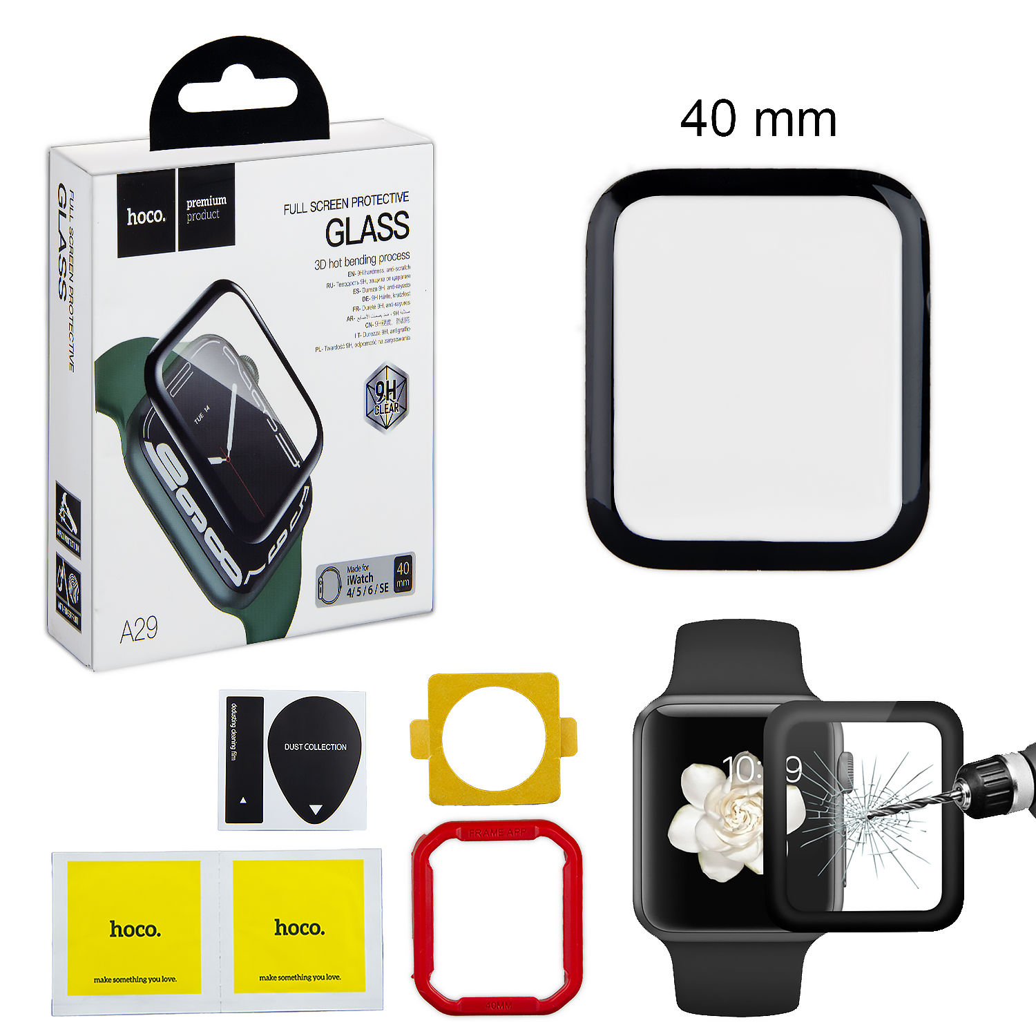 Защитное стекло APL Watch 40mm 3D A29 HOCO черное