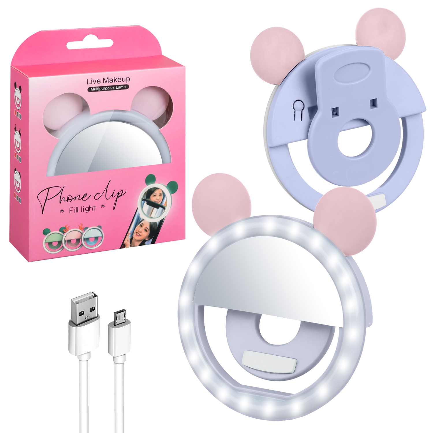 *Селфи-подсветка USB с зеркалом A1 Микки Маус розовая