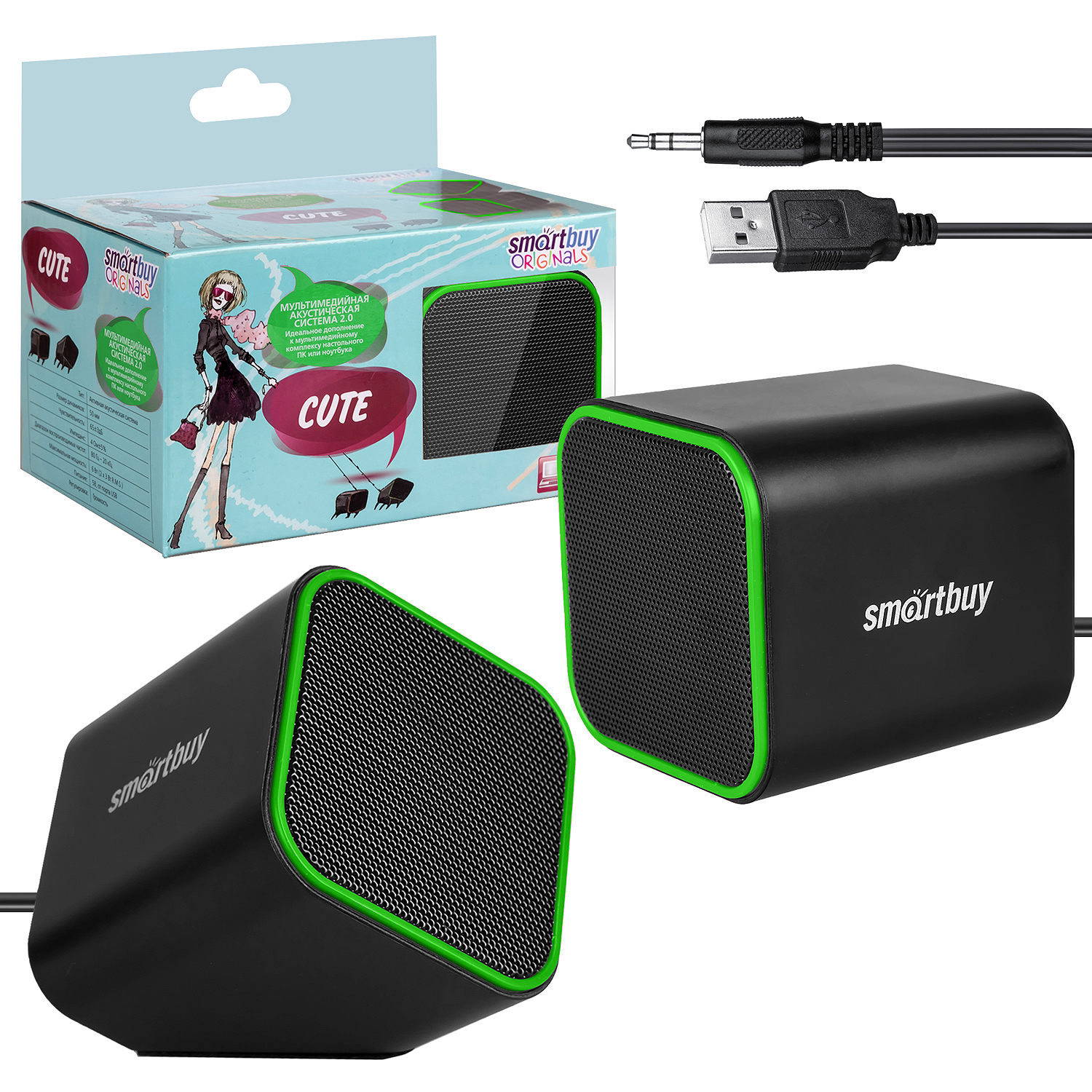 Колонки для компьютера SmartBuy® CUTE, мощность 6Вт, USB, черно-зеленые (SBA-2580)/60