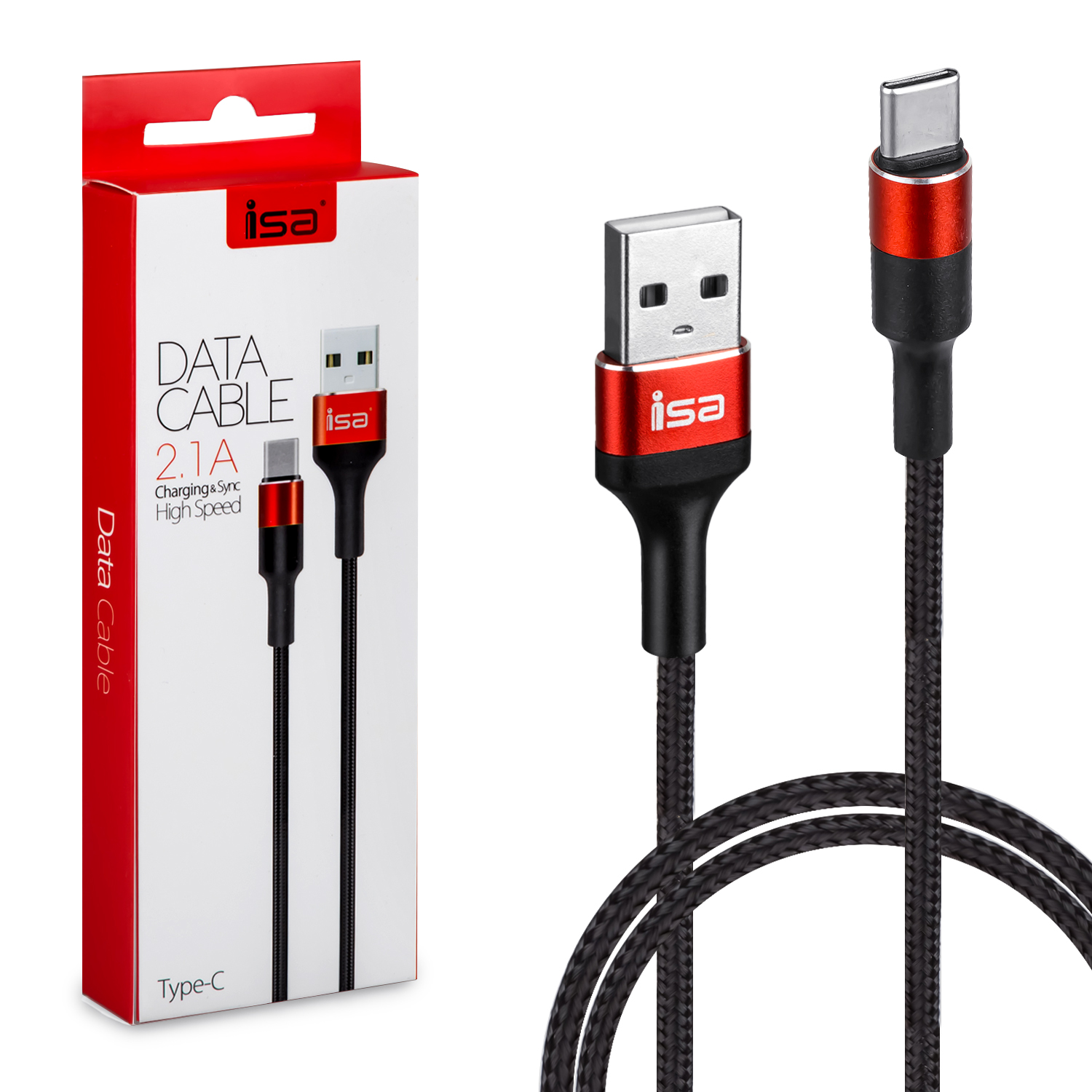 Кабель USB Type-C 1.2m 2.1A Nylon+Metal ISA черный с красным