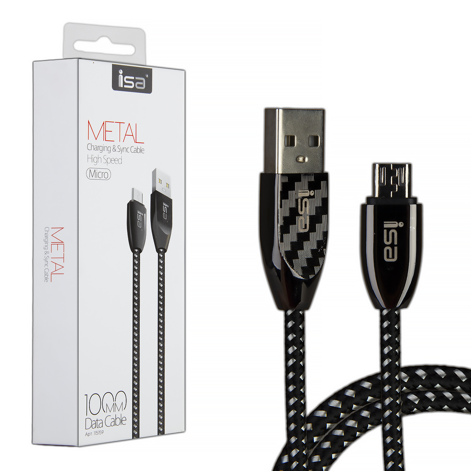 Кабель USB Micro USB 1m 2.1A Nylon+Metal ISA плетеный черный