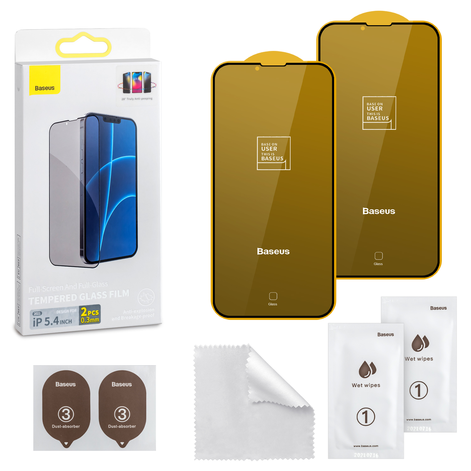 Защитное стекло IPH 13 Mini 5.4 (2021) Baseus Антишпион 0.3mm 2 шт