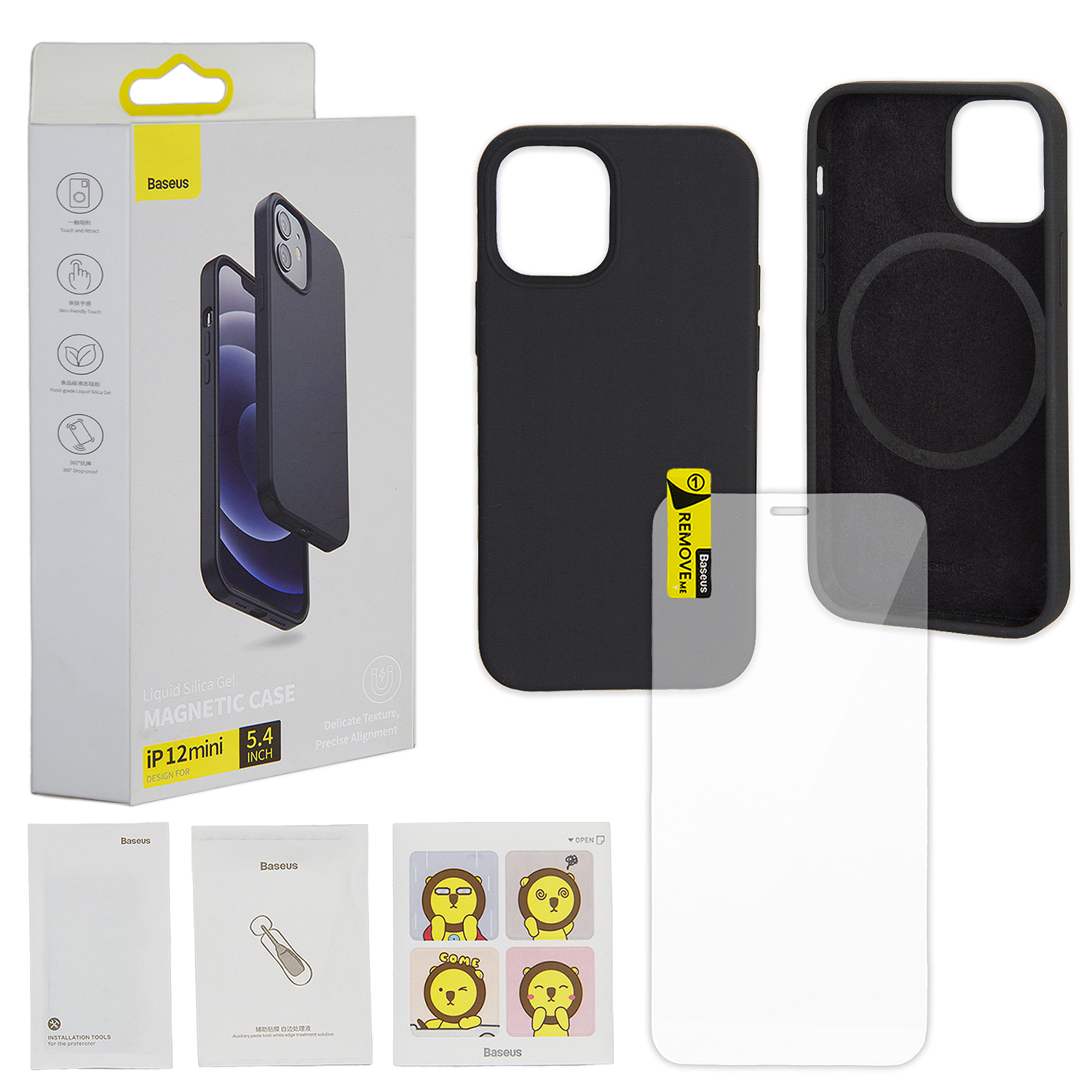 Чехол IPH 12 Mini Baseus Magnetic Case Black + Glass Clear 0.3mm
