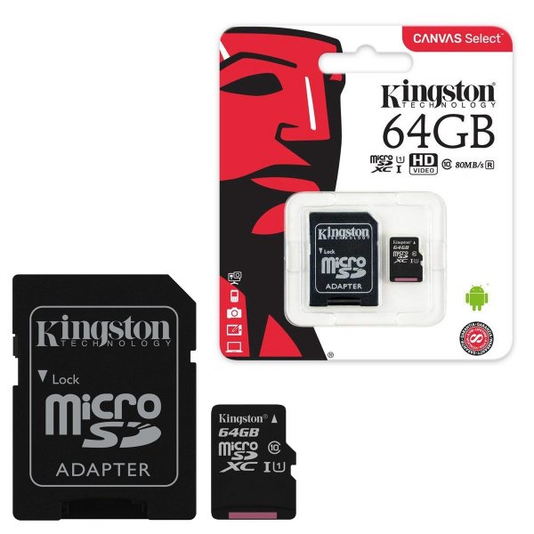 Micro SD 64GB Kingston Class 10 Canvas (80 Mb/s) с адаптером