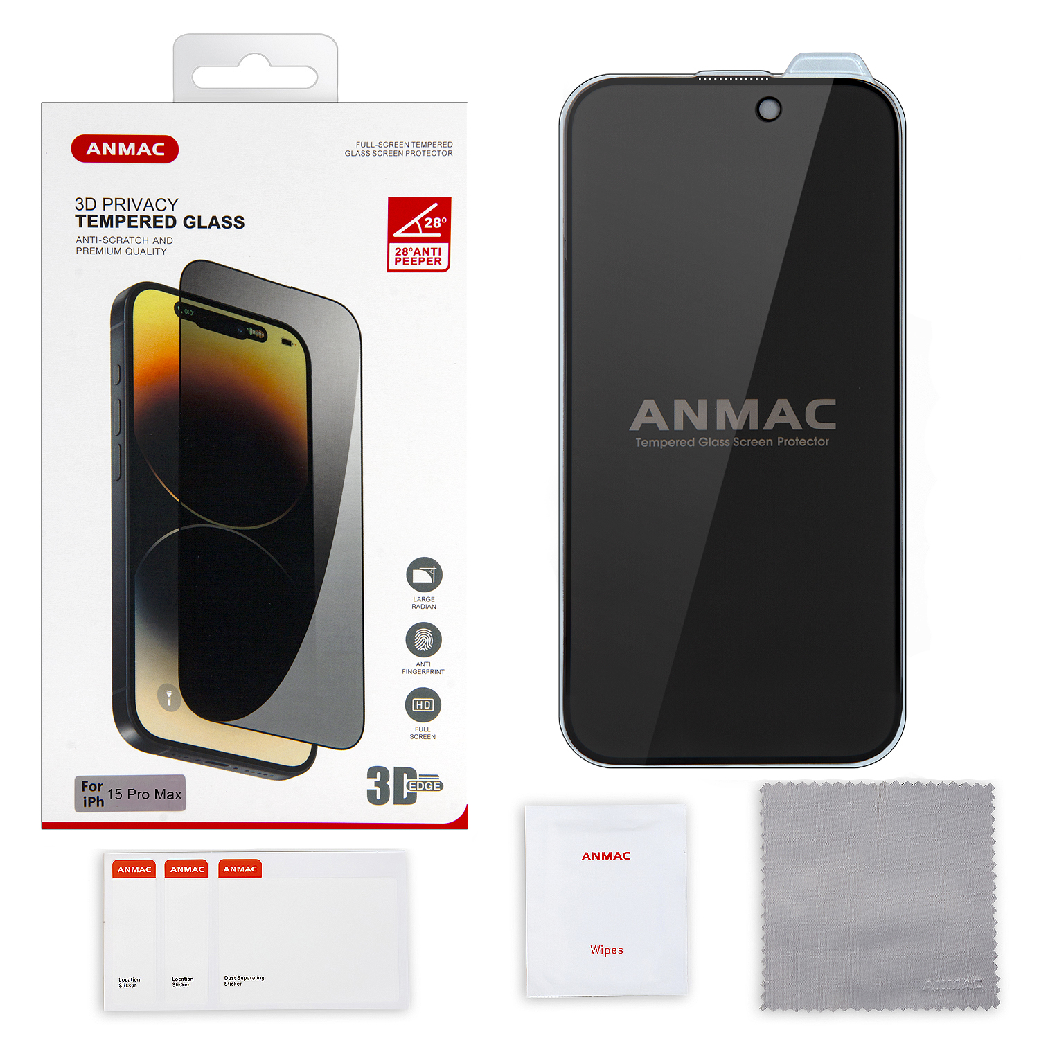Защитное стекло iPh 15 Pro Max ANMAC 3D Privacy с сеточкой Арт.1137463