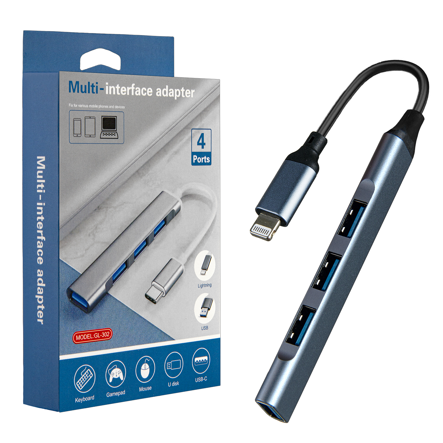 Переходник IPH на 4 USB серый (200шт/кор)