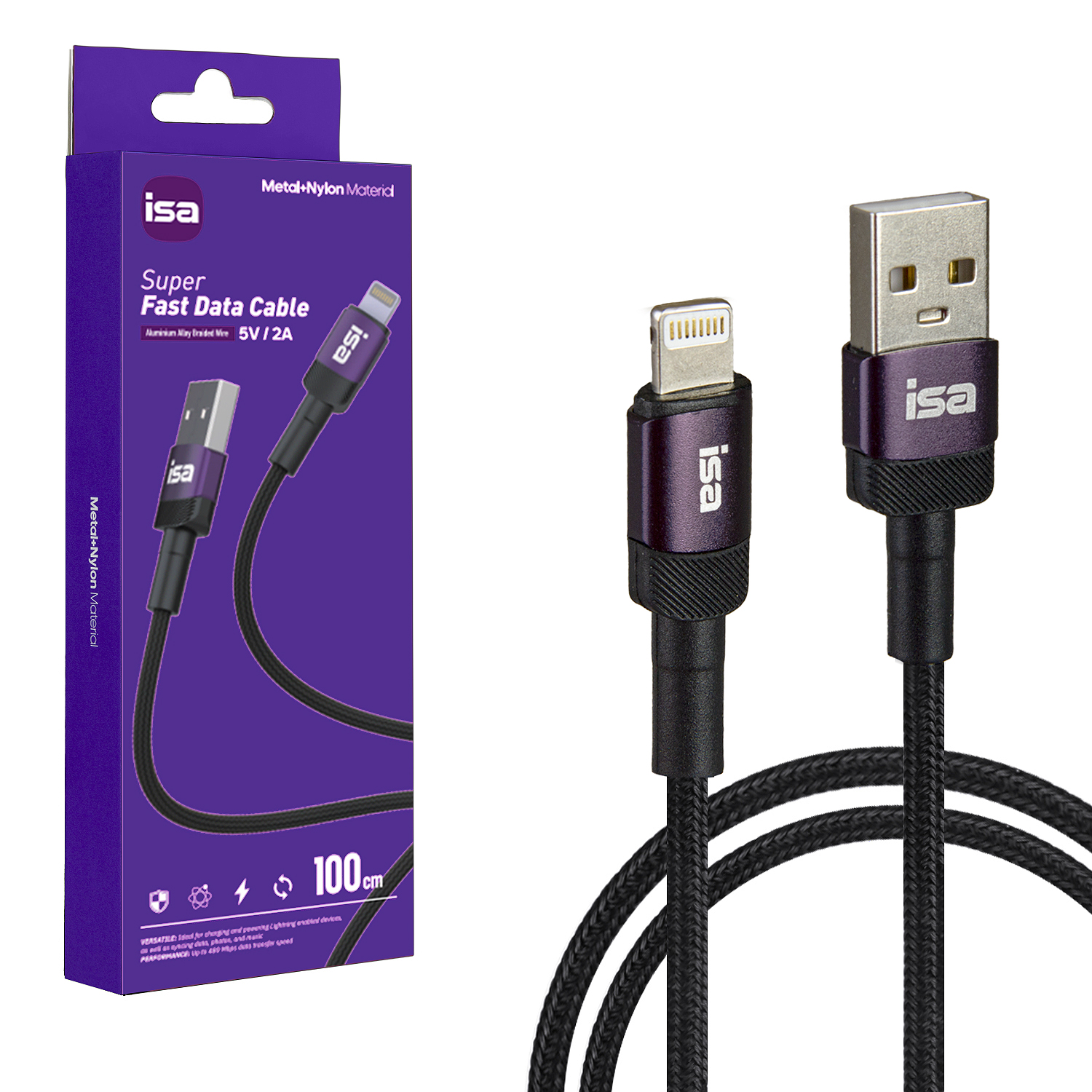 Кабель USB Lightning 1m 5V 2A BX-3 ISA черный-фиолетовый
