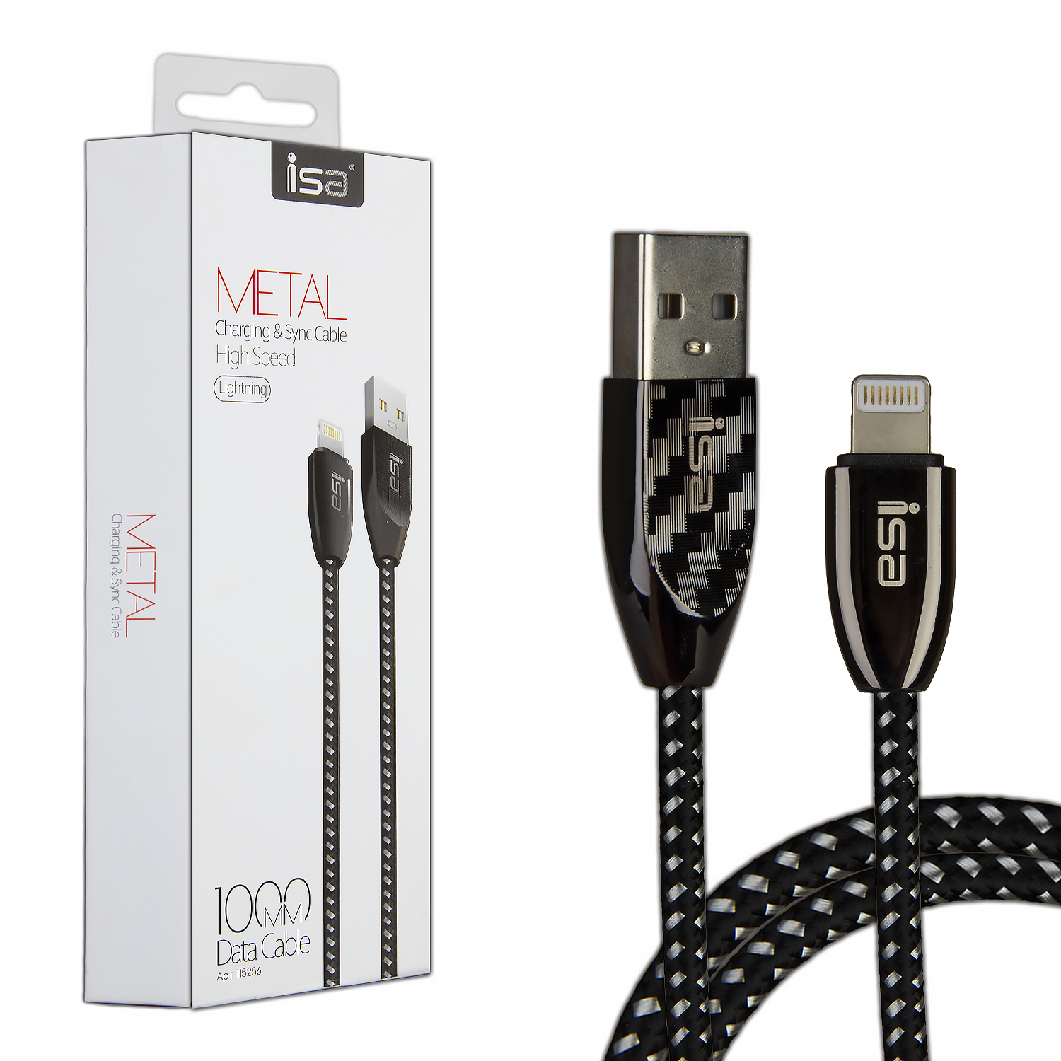 Кабель USB Lightning 1m 2.1A Nylon+Metal ISA плетёный черный